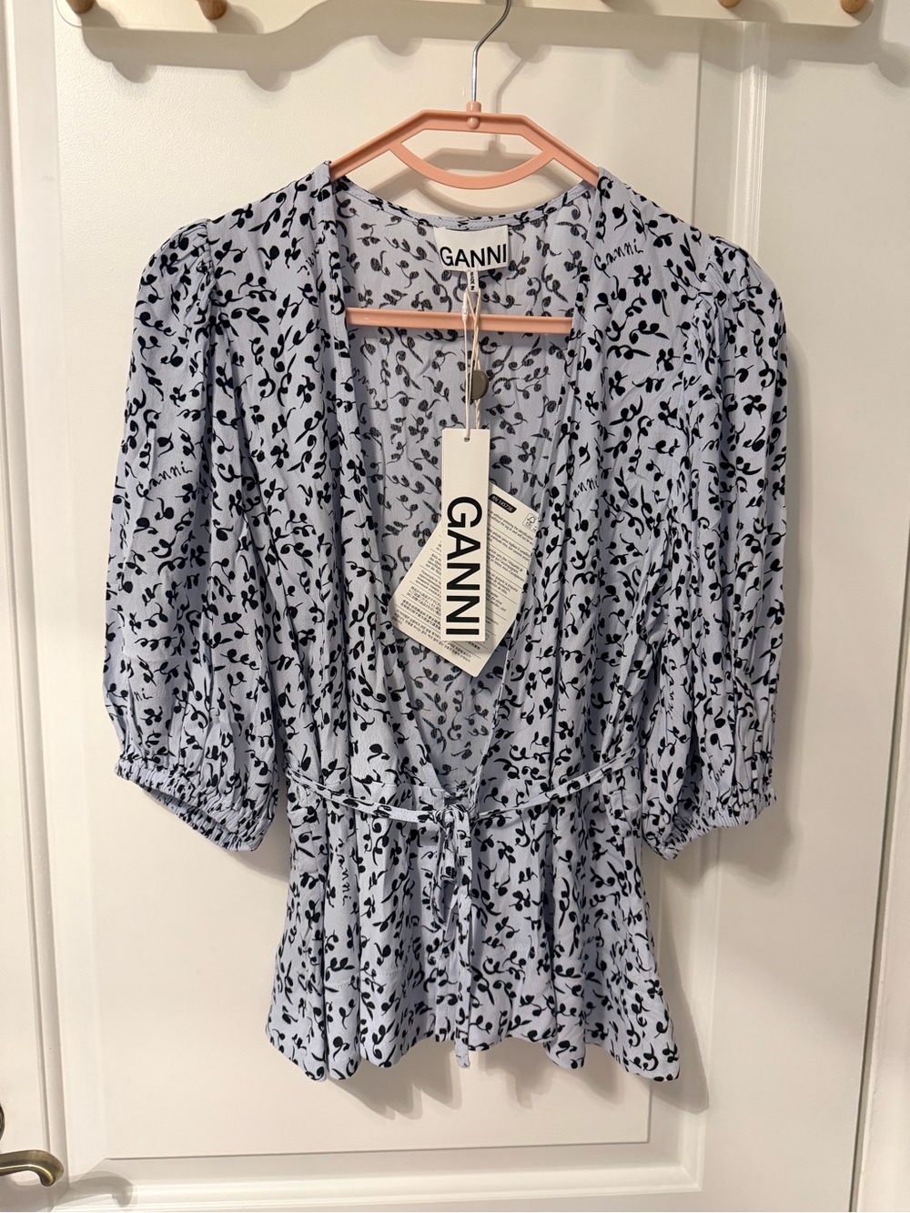 GANNI Light Blue Floral Tie-Front Blouse top
